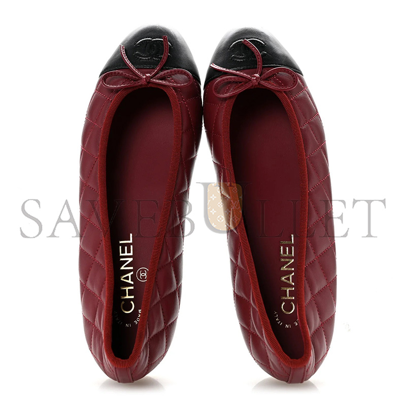 Ch**el LAMBSKIN QUILTED CC CAP TOE BALLERINA FLATS 39 BURGUNDY BLACK